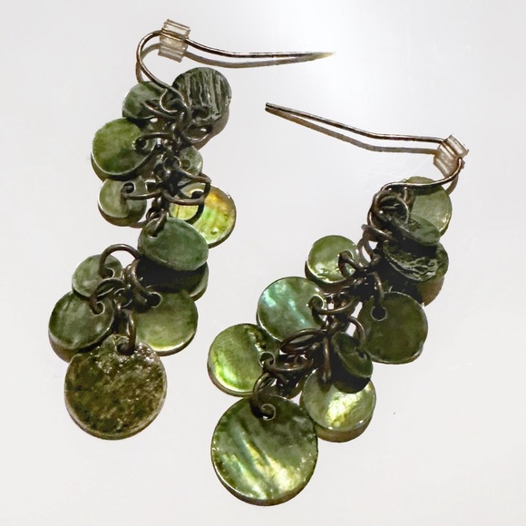 Opalescent Green Shell Disc Beads Dangle Chain Earrings Bright Emerald Cluster - Picture 5 of 8